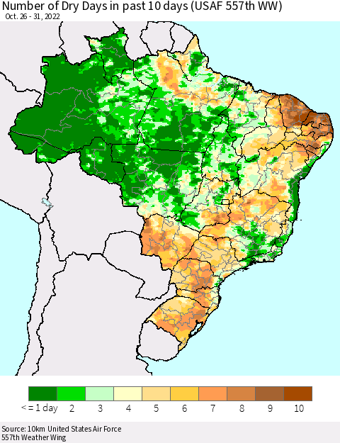 Brazil Number of Dry Days in past 10 days (USAF 557th WW) Thematic Map For 10/26/2022 - 10/31/2022