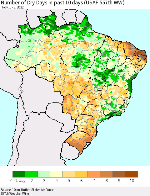 Brazil Number of Dry Days in past 10 days (USAF 557th WW) Thematic Map For 11/1/2022 - 11/5/2022