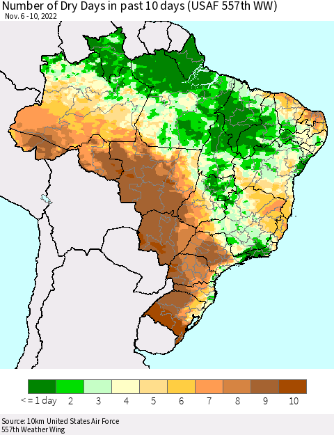 Brazil Number of Dry Days in past 10 days (USAF 557th WW) Thematic Map For 11/6/2022 - 11/10/2022