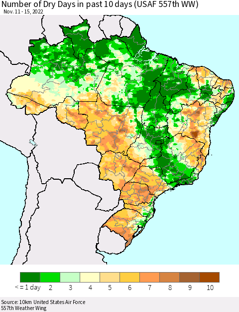 Brazil Number of Dry Days in past 10 days (USAF 557th WW) Thematic Map For 11/11/2022 - 11/15/2022