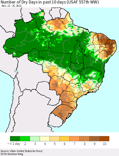 Brazil Number of Dry Days in past 10 days (USAF 557th WW) Thematic Map For 11/21/2022 - 11/25/2022