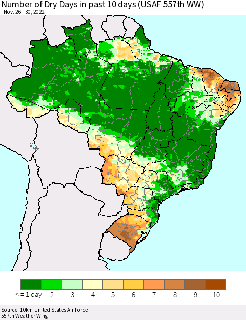 Brazil Number of Dry Days in past 10 days (USAF 557th WW) Thematic Map For 11/26/2022 - 11/30/2022