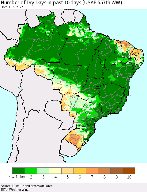 Brazil Number of Dry Days in past 10 days (USAF 557th WW) Thematic Map For 12/1/2022 - 12/5/2022