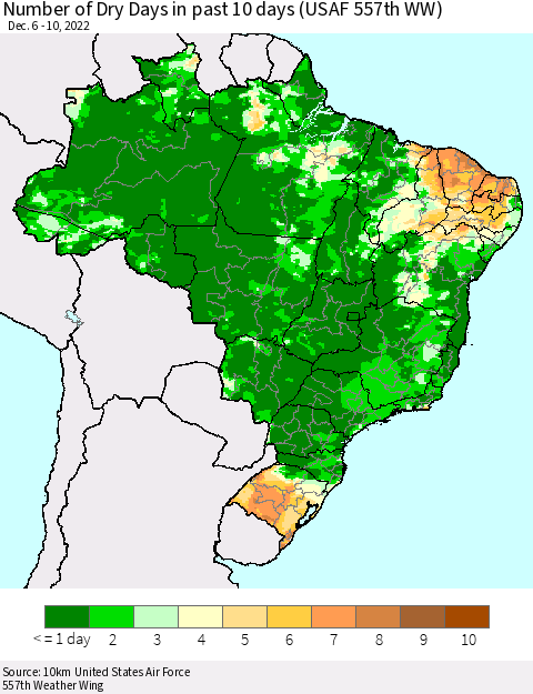 Brazil Number of Dry Days in past 10 days (USAF 557th WW) Thematic Map For 12/6/2022 - 12/10/2022