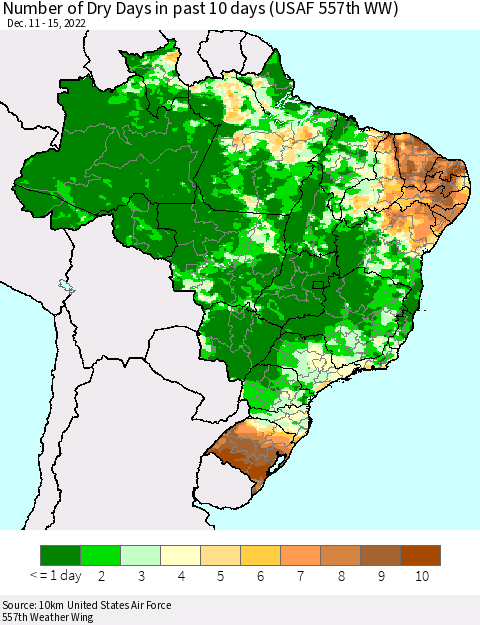 Brazil Number of Dry Days in past 10 days (USAF 557th WW) Thematic Map For 12/11/2022 - 12/15/2022