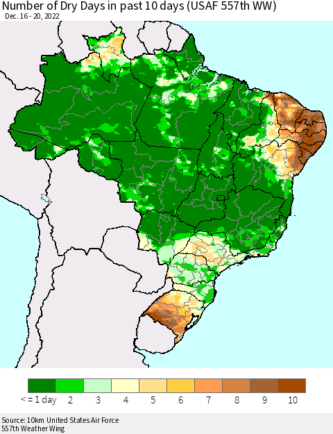 Brazil Number of Dry Days in past 10 days (USAF 557th WW) Thematic Map For 12/16/2022 - 12/20/2022