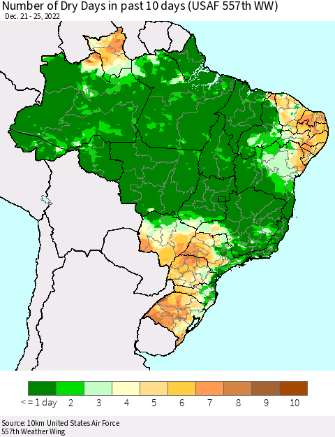 Brazil Number of Dry Days in past 10 days (USAF 557th WW) Thematic Map For 12/21/2022 - 12/25/2022