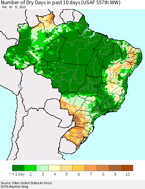 Brazil Number of Dry Days in past 10 days (USAF 557th WW) Thematic Map For 12/26/2022 - 12/31/2022