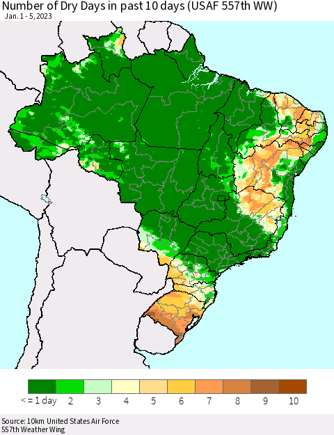 Brazil Number of Dry Days in past 10 days (USAF 557th WW) Thematic Map For 1/1/2023 - 1/5/2023