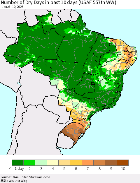 Brazil Number of Dry Days in past 10 days (USAF 557th WW) Thematic Map For 1/6/2023 - 1/10/2023