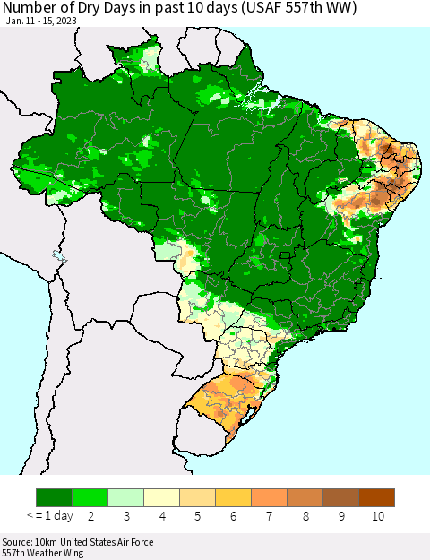 Brazil Number of Dry Days in past 10 days (USAF 557th WW) Thematic Map For 1/11/2023 - 1/15/2023