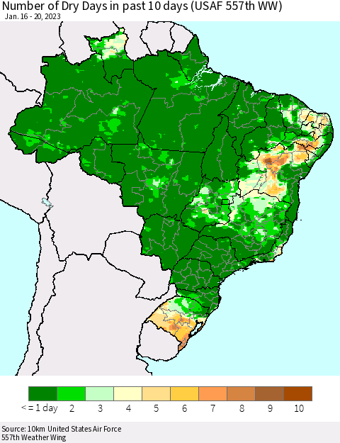 Brazil Number of Dry Days in past 10 days (USAF 557th WW) Thematic Map For 1/16/2023 - 1/20/2023
