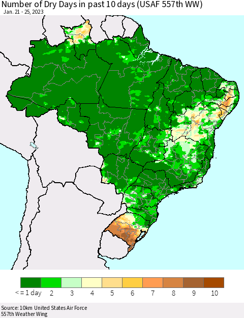 Brazil Number of Dry Days in past 10 days (USAF 557th WW) Thematic Map For 1/21/2023 - 1/25/2023