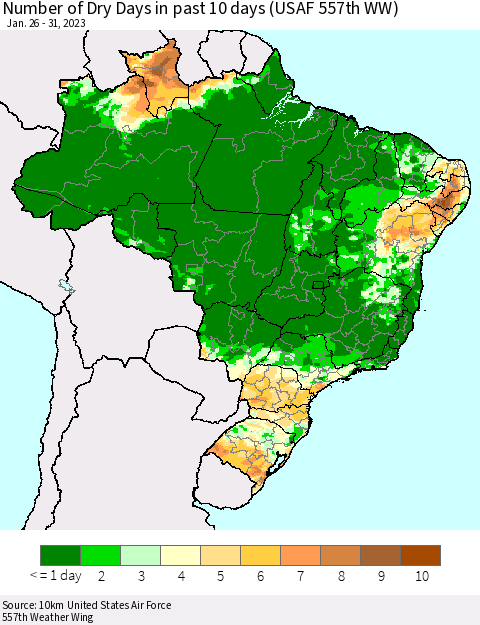Brazil Number of Dry Days in past 10 days (USAF 557th WW) Thematic Map For 1/26/2023 - 1/31/2023
