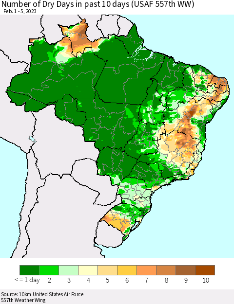 Brazil Number of Dry Days in past 10 days (USAF 557th WW) Thematic Map For 2/1/2023 - 2/5/2023