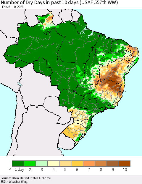 Brazil Number of Dry Days in past 10 days (USAF 557th WW) Thematic Map For 2/6/2023 - 2/10/2023