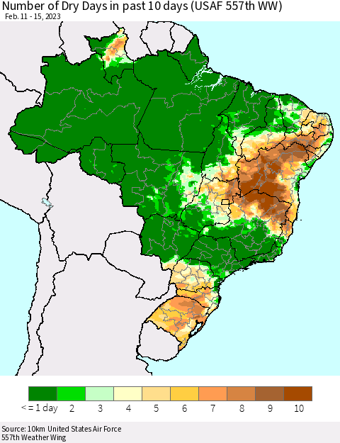 Brazil Number of Dry Days in past 10 days (USAF 557th WW) Thematic Map For 2/11/2023 - 2/15/2023