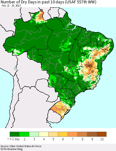 Brazil Number of Dry Days in past 10 days (USAF 557th WW) Thematic Map For 2/21/2023 - 2/25/2023