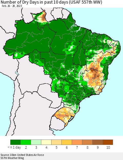 Brazil Number of Dry Days in past 10 days (USAF 557th WW) Thematic Map For 2/26/2023 - 2/28/2023