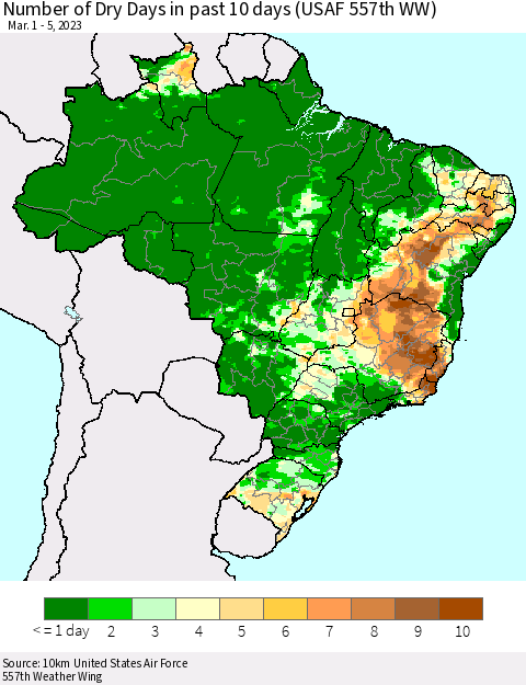 Brazil Number of Dry Days in past 10 days (USAF 557th WW) Thematic Map For 3/1/2023 - 3/5/2023