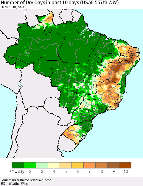 Brazil Number of Dry Days in past 10 days (USAF 557th WW) Thematic Map For 3/6/2023 - 3/10/2023