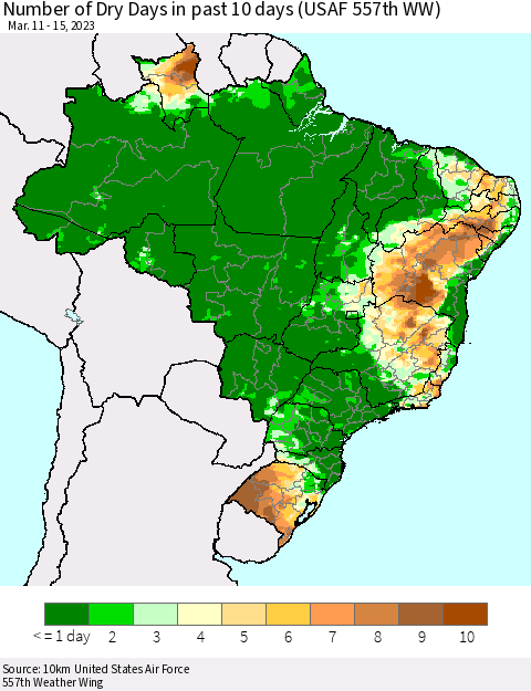 Brazil Number of Dry Days in past 10 days (USAF 557th WW) Thematic Map For 3/11/2023 - 3/15/2023