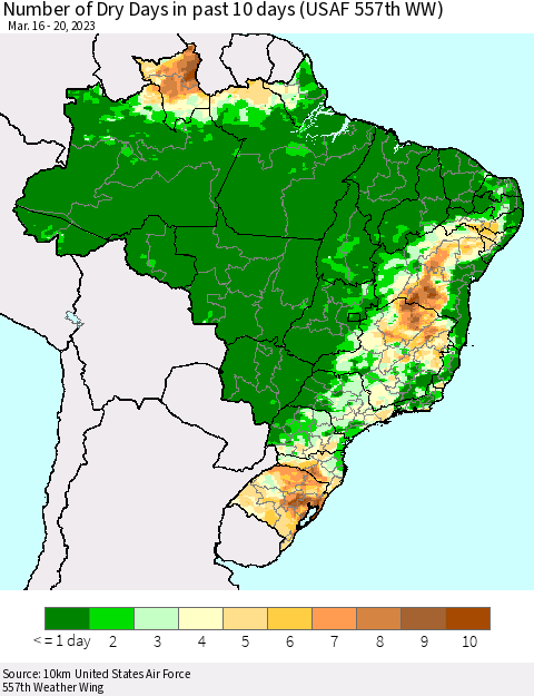 Brazil Number of Dry Days in past 10 days (USAF 557th WW) Thematic Map For 3/16/2023 - 3/20/2023