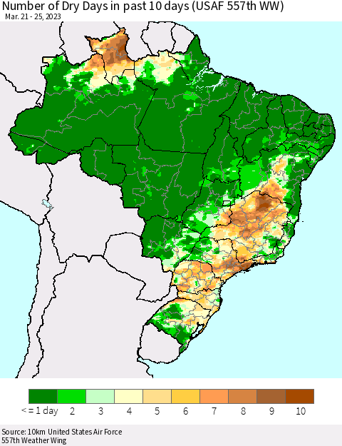 Brazil Number of Dry Days in past 10 days (USAF 557th WW) Thematic Map For 3/21/2023 - 3/25/2023