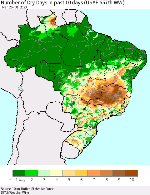 Brazil Number of Dry Days in past 10 days (USAF 557th WW) Thematic Map For 3/26/2023 - 3/31/2023