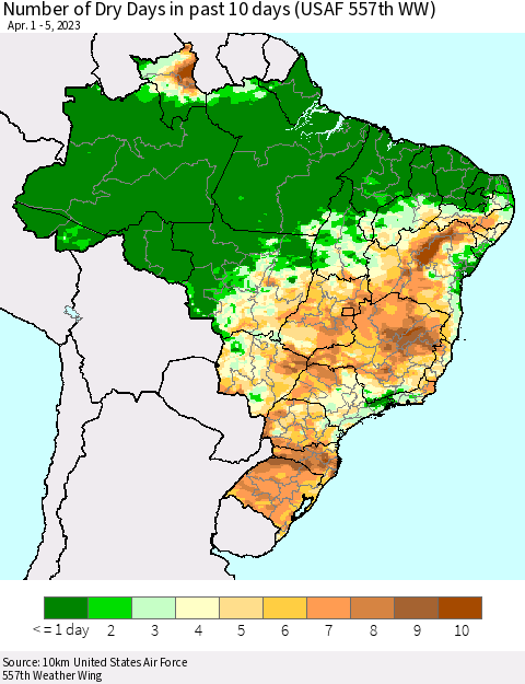 Brazil Number of Dry Days in past 10 days (USAF 557th WW) Thematic Map For 4/1/2023 - 4/5/2023