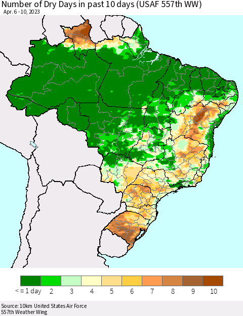 Brazil Number of Dry Days in past 10 days (USAF 557th WW) Thematic Map For 4/6/2023 - 4/10/2023