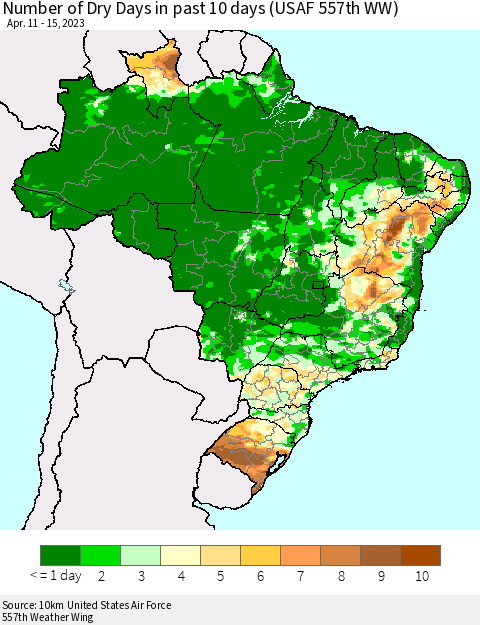 Brazil Number of Dry Days in past 10 days (USAF 557th WW) Thematic Map For 4/11/2023 - 4/15/2023
