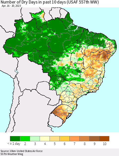 Brazil Number of Dry Days in past 10 days (USAF 557th WW) Thematic Map For 4/16/2023 - 4/20/2023