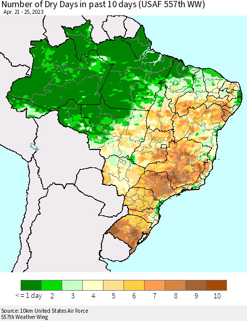 Brazil Number of Dry Days in past 10 days (USAF 557th WW) Thematic Map For 4/21/2023 - 4/25/2023