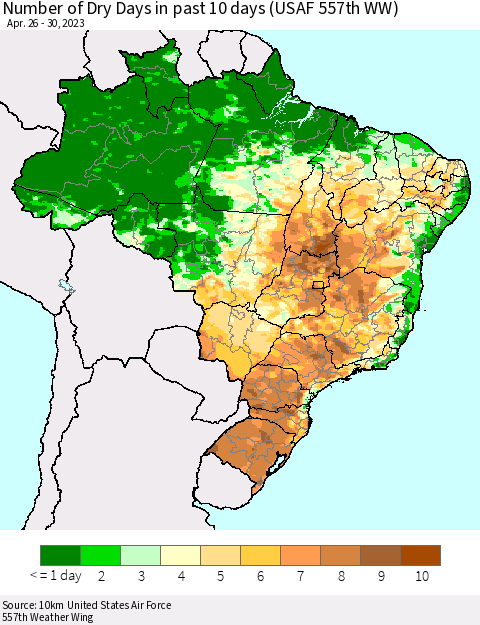 Brazil Number of Dry Days in past 10 days (USAF 557th WW) Thematic Map For 4/26/2023 - 4/30/2023