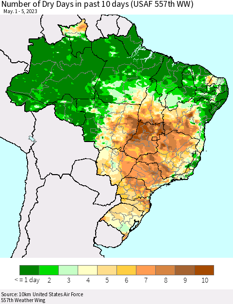 Brazil Number of Dry Days in past 10 days (USAF 557th WW) Thematic Map For 5/1/2023 - 5/5/2023