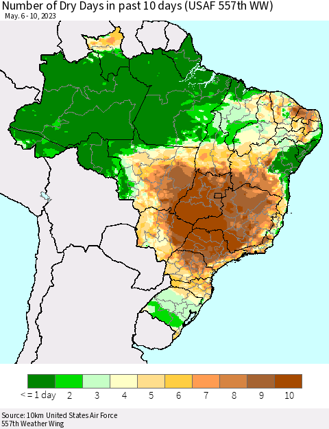 Brazil Number of Dry Days in past 10 days (USAF 557th WW) Thematic Map For 5/6/2023 - 5/10/2023