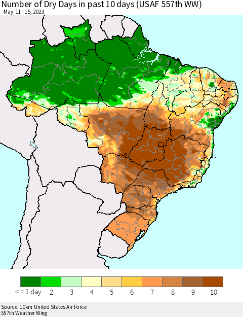 Brazil Number of Dry Days in past 10 days (USAF 557th WW) Thematic Map For 5/11/2023 - 5/15/2023