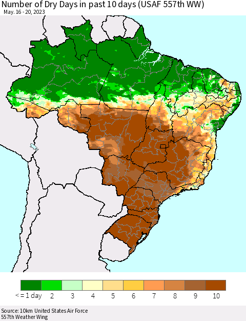 Brazil Number of Dry Days in past 10 days (USAF 557th WW) Thematic Map For 5/16/2023 - 5/20/2023