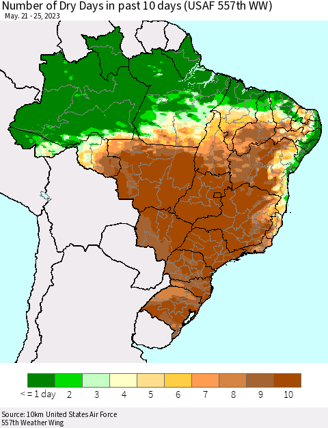 Brazil Number of Dry Days in past 10 days (USAF 557th WW) Thematic Map For 5/21/2023 - 5/25/2023