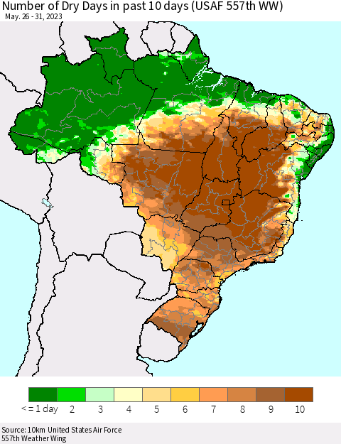 Brazil Number of Dry Days in past 10 days (USAF 557th WW) Thematic Map For 5/26/2023 - 5/31/2023