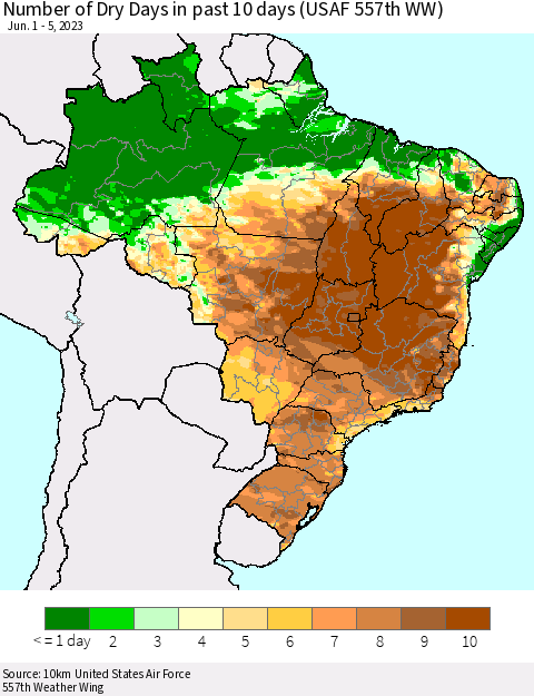 Brazil Number of Dry Days in past 10 days (USAF 557th WW) Thematic Map For 6/1/2023 - 6/5/2023