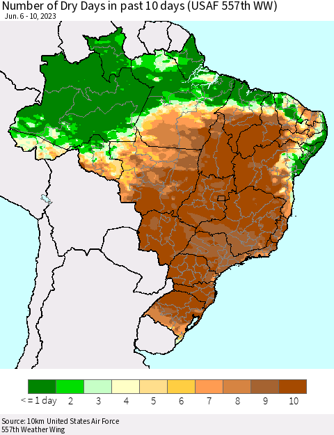 Brazil Number of Dry Days in past 10 days (USAF 557th WW) Thematic Map For 6/6/2023 - 6/10/2023