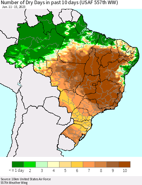Brazil Number of Dry Days in past 10 days (USAF 557th WW) Thematic Map For 6/11/2023 - 6/15/2023