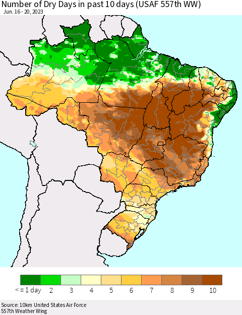 Brazil Number of Dry Days in past 10 days (USAF 557th WW) Thematic Map For 6/16/2023 - 6/20/2023
