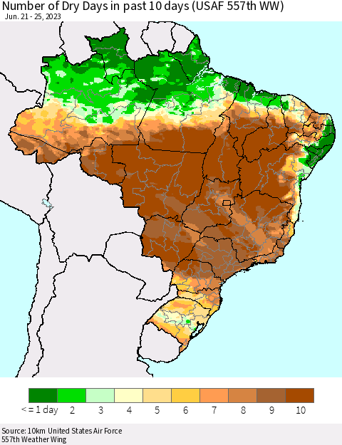 Brazil Number of Dry Days in past 10 days (USAF 557th WW) Thematic Map For 6/21/2023 - 6/25/2023