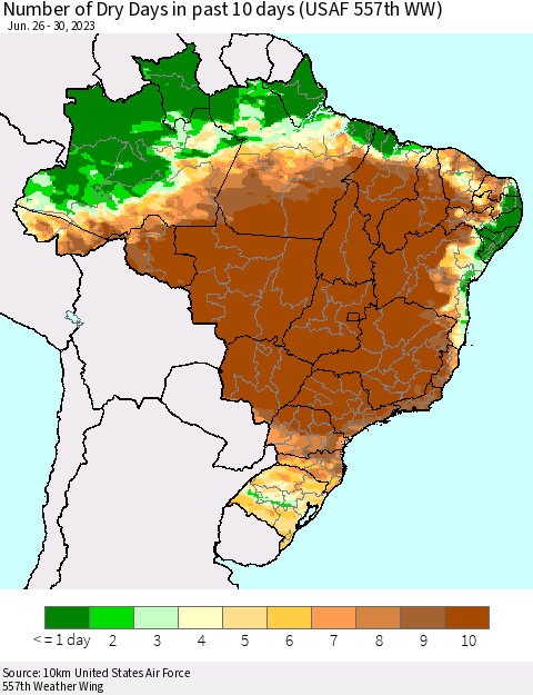 Brazil Number of Dry Days in past 10 days (USAF 557th WW) Thematic Map For 6/26/2023 - 6/30/2023