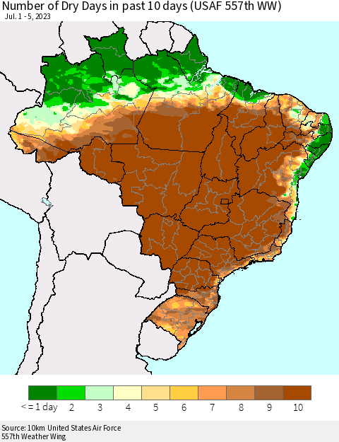 Brazil Number of Dry Days in past 10 days (USAF 557th WW) Thematic Map For 7/1/2023 - 7/5/2023
