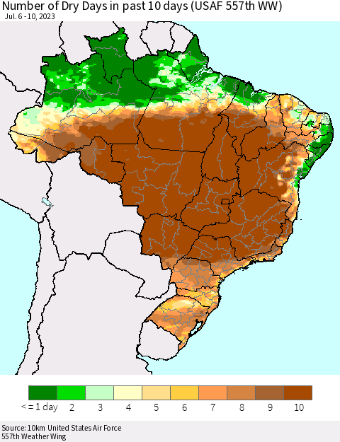 Brazil Number of Dry Days in past 10 days (USAF 557th WW) Thematic Map For 7/6/2023 - 7/10/2023