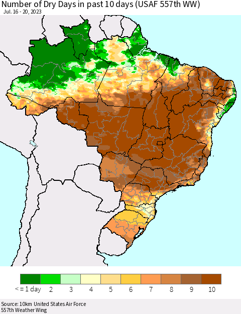 Brazil Number of Dry Days in past 10 days (USAF 557th WW) Thematic Map For 7/16/2023 - 7/20/2023